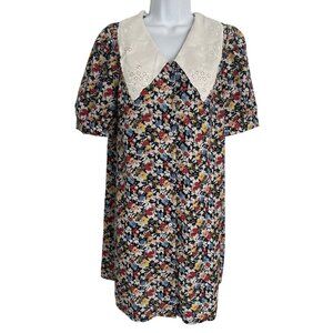Nasty Gal Floral Button-Front Short Sleeve Dress Embroidered Collar Romantic Cot